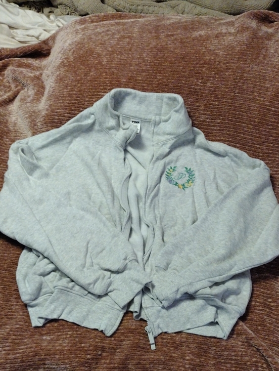 PINK Victoria's Secret Sweaters - PINK Victoria's Secret Light Gray Zip-Up Sweatshirt with Embroidered Wreath